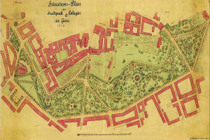 Ein detailliertes altes Stadtplan von Stuttgart, Deutschland, mit einer grünen Grenze, das Gebäude, Straßen und andere Merkmale sowie Text zeigt, der Informationen über die Bevölkerung, den Standort und die Geschichte der Stadt liefert.