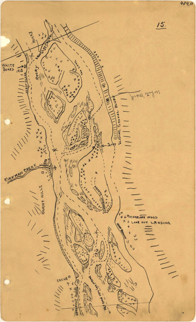 Alte detaillierte Stadtkarte auf vergilbtem Papier mit handgeschriebenen Texten, die Straßen, Gebäude, Parks und Sehenswürdigkeiten benennen.