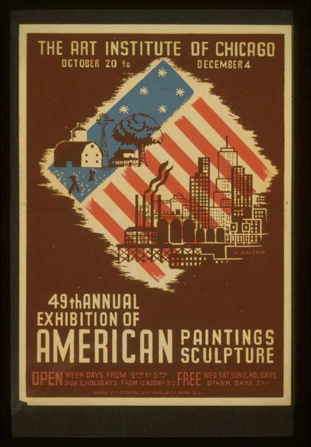 Plakat für die 49. Jahresausstellung von amerikanischen Malereien und Skulpturen des Art Institute of Chicago, das Text und ausstellungsbezogene Bilder zeigt.