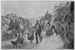 Eine Gruppe von Menschen, einige mit Taschen, geht einen Schotterweg mit einem Hund und einem von Pferden gezogenen Wagen entlang, im Hintergrund sind Häuser und ein klarer Himmel zu sehen; unten steht der Text "Deutsche Flüchtlinge in Deutschland".