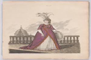 Frau in einem purpurweißen Federkleid, die an einem Geländer steht, mit einem Gebäude und Wolken im Hintergrund, beschriftet mit 'Fashion of New York, New York Street, 1790'.