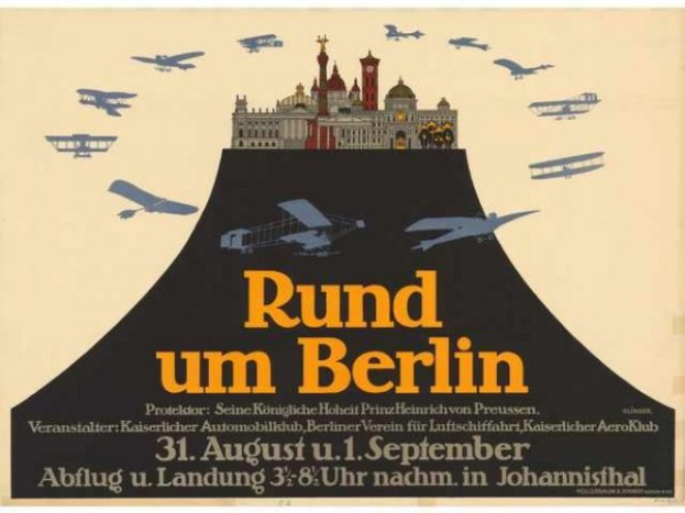Plakat für eine Berliner Luftschau mit einem Gebäude im Hintergrund und mehreren Flugzeugen am Himmel, sowie der Aufschrift "Rund um Berlin."