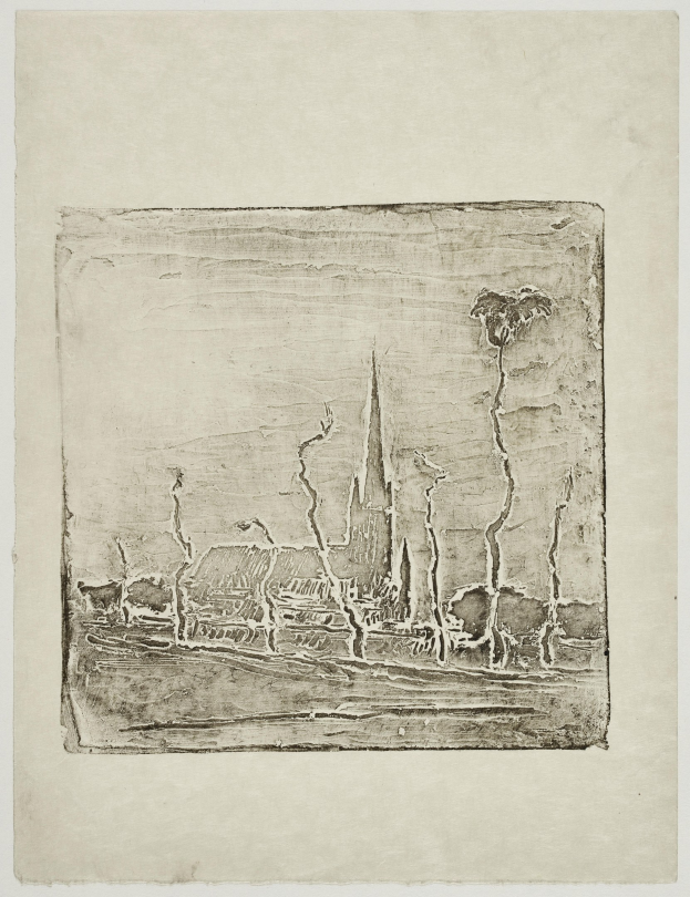 Schwarze und weiße Zeichnung einer Stadtlandschaft mit einer Kirche im Hintergrund auf einem Blatt Papier.