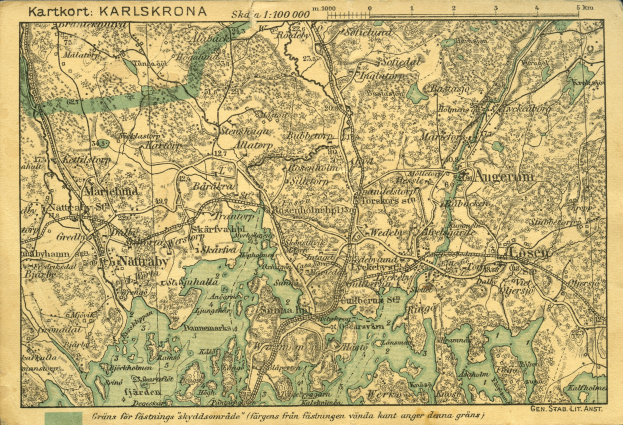 Alte detaillierte Karte von Karlsruhe, Deutschland, mit Straßen, Gebäuden und Sehenswürdigkeiten, mit Text oben und unten.