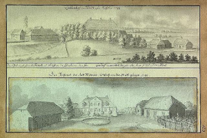 Ein detailliertes Bild eines Bauernhofs in Mecklenburg, Deutschland, aus dem Jahr 1799, das mehrere Gebäude, Bäume und einen Himmel im Hintergrund zeigt, mit der Beschriftung "Kubekhof in Mecklenburg, Deutschland, 1799" unten.