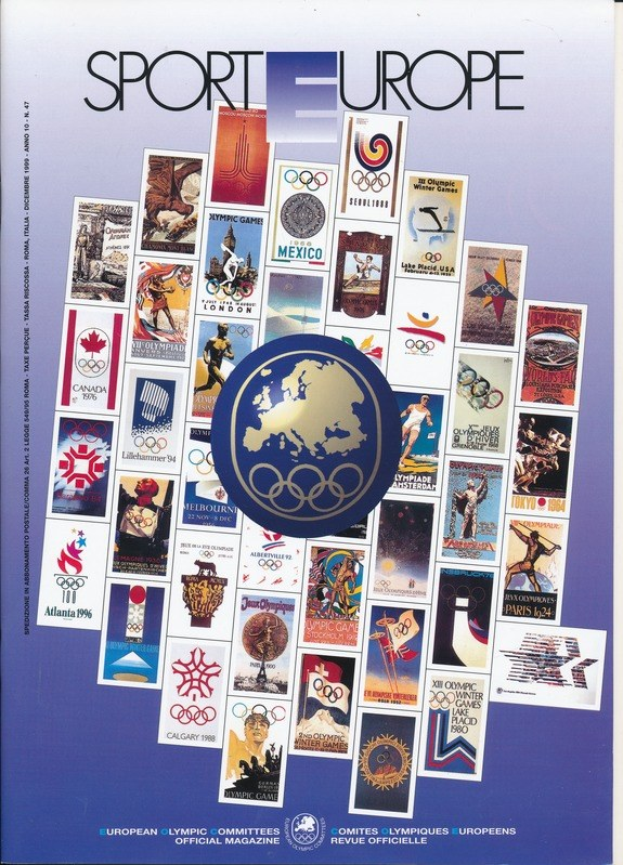 Buchumschlag mit dem Titel "Sport in Europa" zeigt lebendige Olympia-Bilder aus Europa mit fetter weißer Schrift.