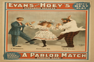 Ein Vintage-Plakat mit einem Mann und einer Frau in Abendgarderobe beim Tanzen, mit der Aufschrift 'Evans und Hoeys Evergreen-Erfolg: Ein Salon-Wettbewerb' oben.