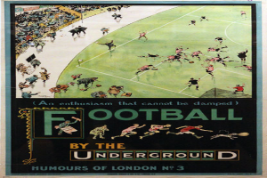 Ein Vintage-Plakat, das ein Fußballspiel bewirbt, mit der Aufschrift "Fußball in der U-Bahn - Londoner Humor Nr. 3", zeigt eine Zuschauermenge in einem Stadion.