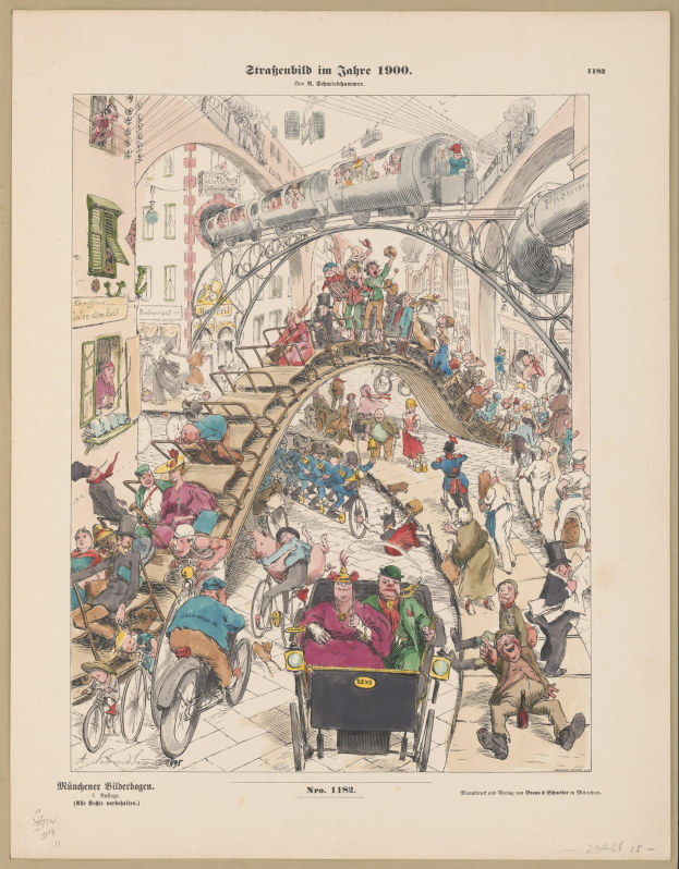 Schwarz-weiß-Illustration einer belebten Bahnhofshalle aus dem Jahr 1900, umrahmt von einem Fotorand, mit Menschen in Aufruhr.