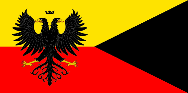 Deutsche Flagge mit drei horizontalen Streifen in Schwarz, Rot und Gold, die einen schwarzen Doppeladler mit ausgebreiteten Flügeln und erhobenem Haupt in der Mitte zeigt.