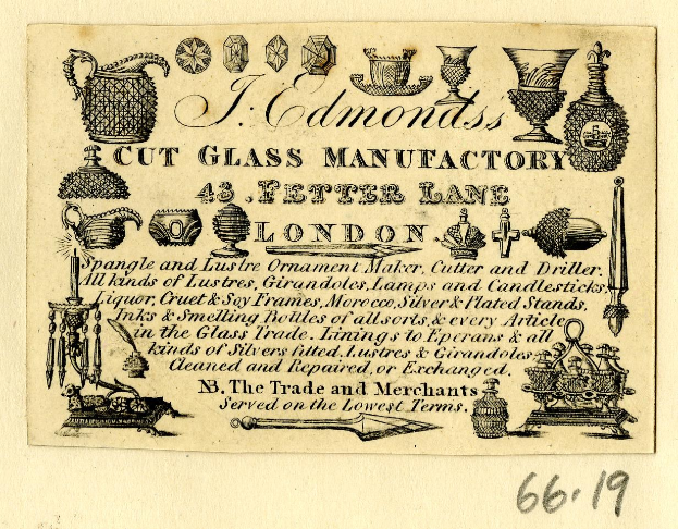 Anzeige für eine Glasfabrik in London, England, mit Text und Abbildungen von Glasherstellungsgegenständen.