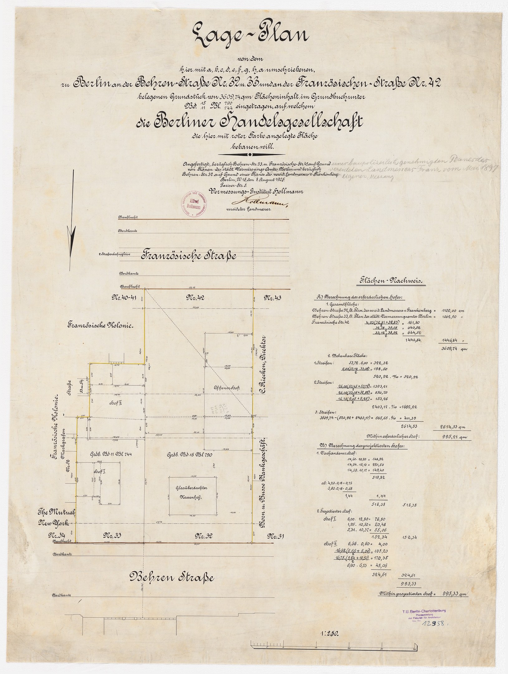 Alter Dokument mit detailliertem Grundriss des Berliner Handelagellachaft-Gebäudes, begleitet von Text und einem Stempel auf der linken Seite.
