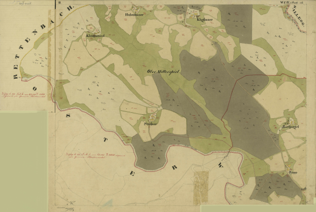 Ein alter Stadtplan von Stuttgart, Deutschland, der Stadtgrenzen, Straßen, Gebäude, Sehenswürdigkeiten und Textdetails zeigt.