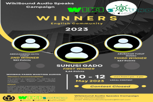 Ein buntes Poster mit einem blauen Hintergrund und gelben und weißen Buchstaben, die in fetter Schrift 'Gewinner' bilden und mehrere strahlende Menschen in der Mitte zeigen.