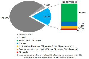 Eine Tortendiagramm, das den globalen Verbrauch erneuerbarer Energien im Jahr 2008 zeigt, unterteilt in Abschnitte für fossile Brennstoffe, Kernenergie, Wasserkraft, Heißwasser, Heizung, Biomasse, Solarenergie, Geothermie und Biokraftstoffe, mit begleitendem Text.