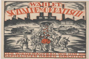 Eine Gruppe von Menschen und Fahrzeugen im Vordergrund mit einem Gebäude im Hintergrund auf einem deutschen Propagandaplakat für die Nazi-Partei der Sowjetunion, mit dem Text "Wahlet Sozialdemokratisch - der Wiederaufbau wie die Kapitalisten ihn haben möchten".