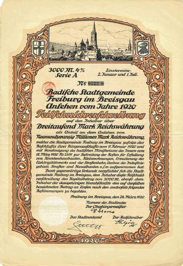 Alter deutscher Aktiencertifikat mit einer Stadtansicht und gedrucktem Text, der wahrscheinlich den Ursprung der Aktie beschreibt.