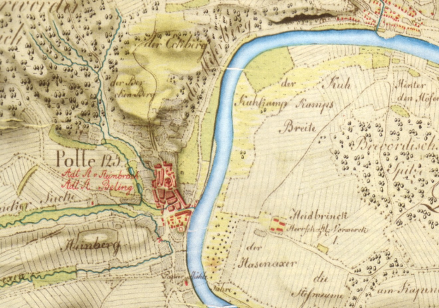 Detailierte alte Karte von Polle, Deutschland, mit einem Fluss hindurch, der Straße, Gebäude und andere Merkmale zeigt.