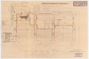 Ein detaillierter architektonischer Plan des Rosenhof-Krankenhauses in Hamburg, Deutschland, mit einem Gebäude mit zahlreichen Kabeln und Texten, die den Aufbau beschreiben, einschließlich Räumen, Fluren und anderen Merkmalen.