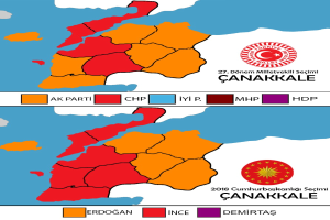 Eine Karte der Türkei, die in verschiedenen Farben die prozentuale Bevölkerung in jedem Gebiet zeigt, mit dem Text "Canakkale Wahlresultate 2018".