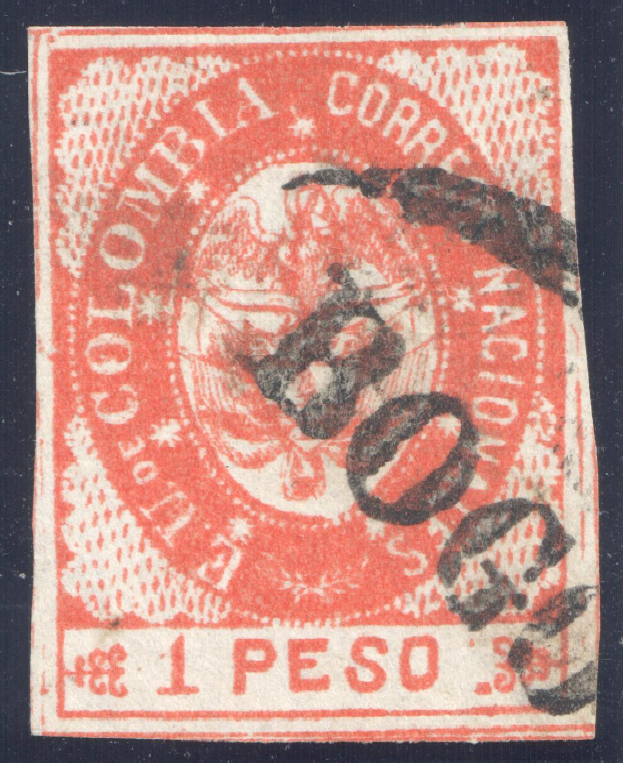 Ein roter und schwarzer Stempel mit dem Wort "Kolumbien" darauf vor einem schwarzen Hintergrund.