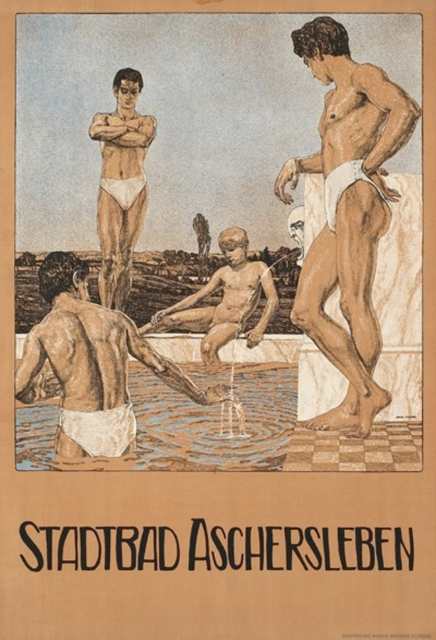 Ein Plakat für ein Schwimmbad in Aschersleben, Deutschland, das Menschen im Wasser zeigt, darunter einen sitzenden, und Text mit Informationen zum Schwimmbad.