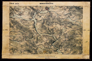 Alte topografische Karte von Koeetztung, Deutschland, auf schwarzem Hintergrund, die geographische Merkmale wie Berge, Flüsse und Städte mit Textanmerkungen zeigt.