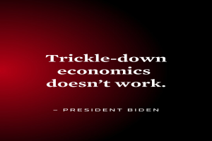 Plakat mit fetter, schwarzer Schrift auf weißem Hintergrund, eingerahmt von einem dünnen schwarzen Rand, das "Trickle-Down Economics Doesn't Work" besagt und einen Zitat von Präsident Biden enthält.