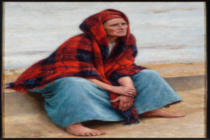 Eine alte Frau sitzt bei Sonnenuntergang auf einem Strand, trägt ein helles Kleid und hat ihr Haar zu einem Dutt gebunden, die Augen geschlossen und die Hände auf dem Schoß, alles innerhalb eines Foto Rahmens.