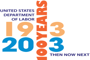 Das Logo des US-Laborministeriums zeigt einen blauen Kreis mit einem weißen Stern in der Mitte, umgeben von einem weißen Rand, mit der schwarzen Schrift '1933 dann jetzt nächsten' darunter.