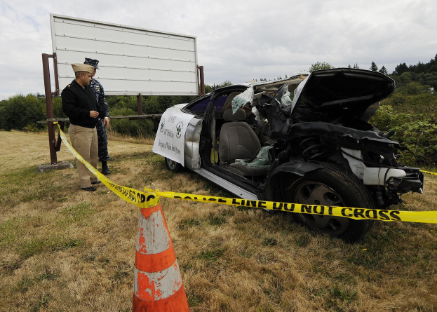 Polizeibeamter in Uniform neben einem schwer beschädigten Auto am Straßenrand mit eingedellter Motorhaube und zersplitterten Fenstern, Bäume und bewölkter Himmel im Hintergrund.