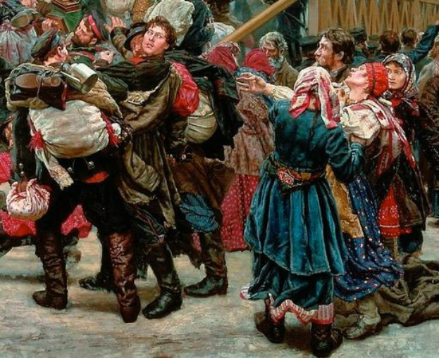 Gemälde, das eine Gruppe von Menschen in traditioneller russischer Kleidung vor einem Publikum tanzt, einige halten Gegenstände, vor einem hölzernen Haus als Hintergrund während einer lebhaften Szene aus der russischen Revolution.