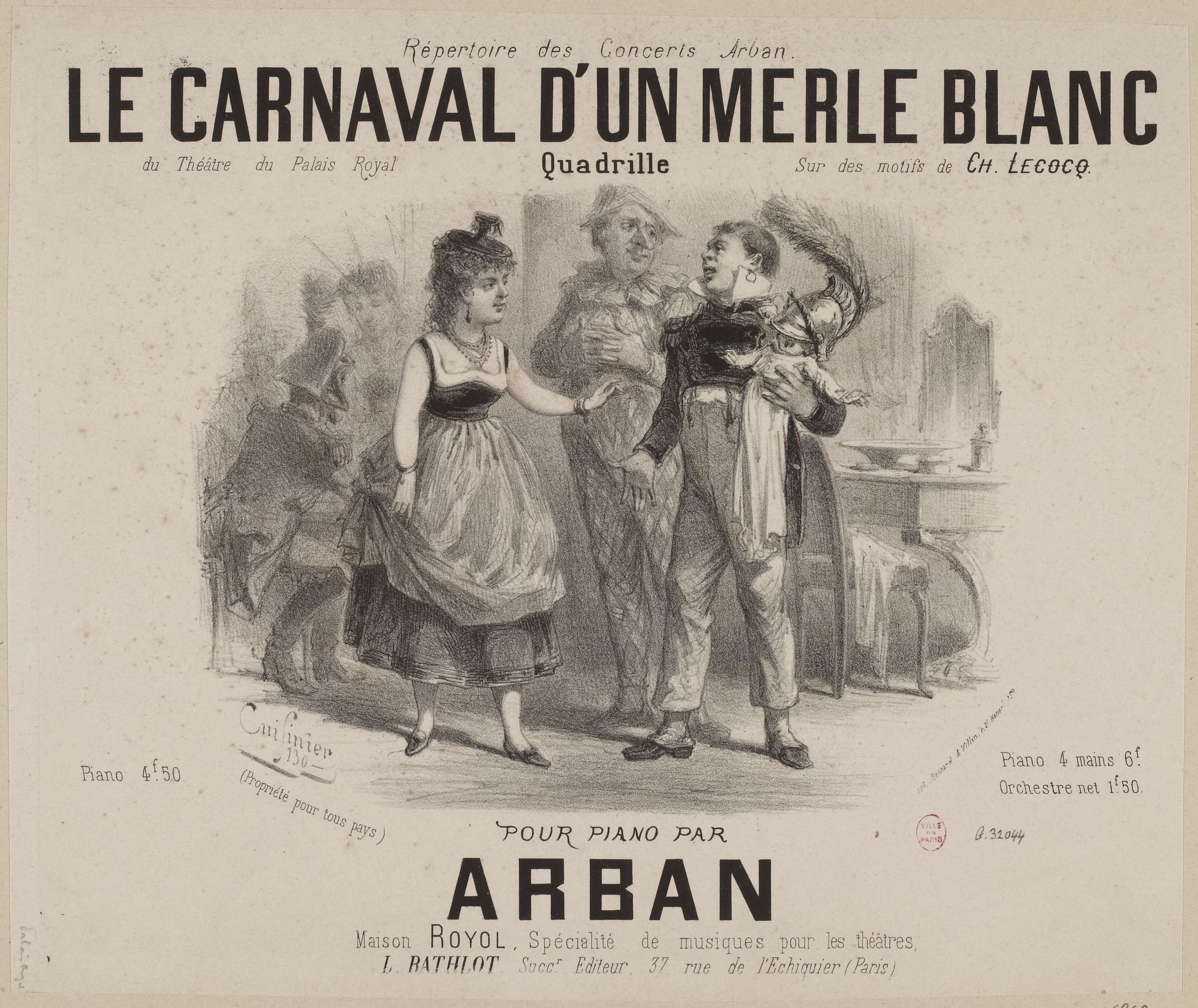 Ein Blatt mit einer Zeichnung eines Mannes und einer Frau in traditioneller Kleidung vor einer festlichen Karnevals Szenerie, betitelt mit "le carnaval d'un merle blanc."
