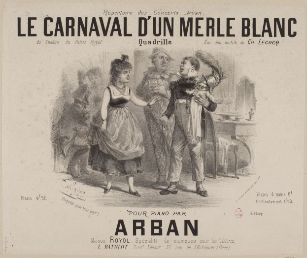 Ein Blatt mit einer Zeichnung eines Mannes und einer Frau in traditioneller Kleidung vor einer festlichen Karnevals Szenerie, betitelt mit "le carnaval d'un merle blanc."