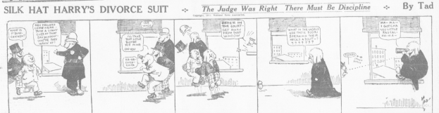 Cartoon-Illustration eines Mannes in einem schwarzen Anzug mit weißem Hemd und schwarzer Krawatte sowie einer Frau in einem eleganten Kleid mit schwarzem Schal, beide mit ernsten Gesichtern, beschriftet mit "Scheidungsklage."