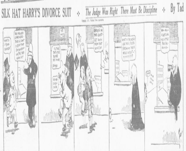 Cartoon-Illustration eines Mannes in einem schwarzen Anzug mit weißem Hemd und schwarzer Krawatte sowie einer Frau in einem eleganten Kleid mit schwarzem Schal, beide mit ernsten Gesichtern, beschriftet mit "Scheidungsklage."