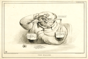 Ein Anwalt im Anzug sitzt an einem Tisch mit einer Waage vor sich und überprüft Dokumente mit Text und Zahlen.