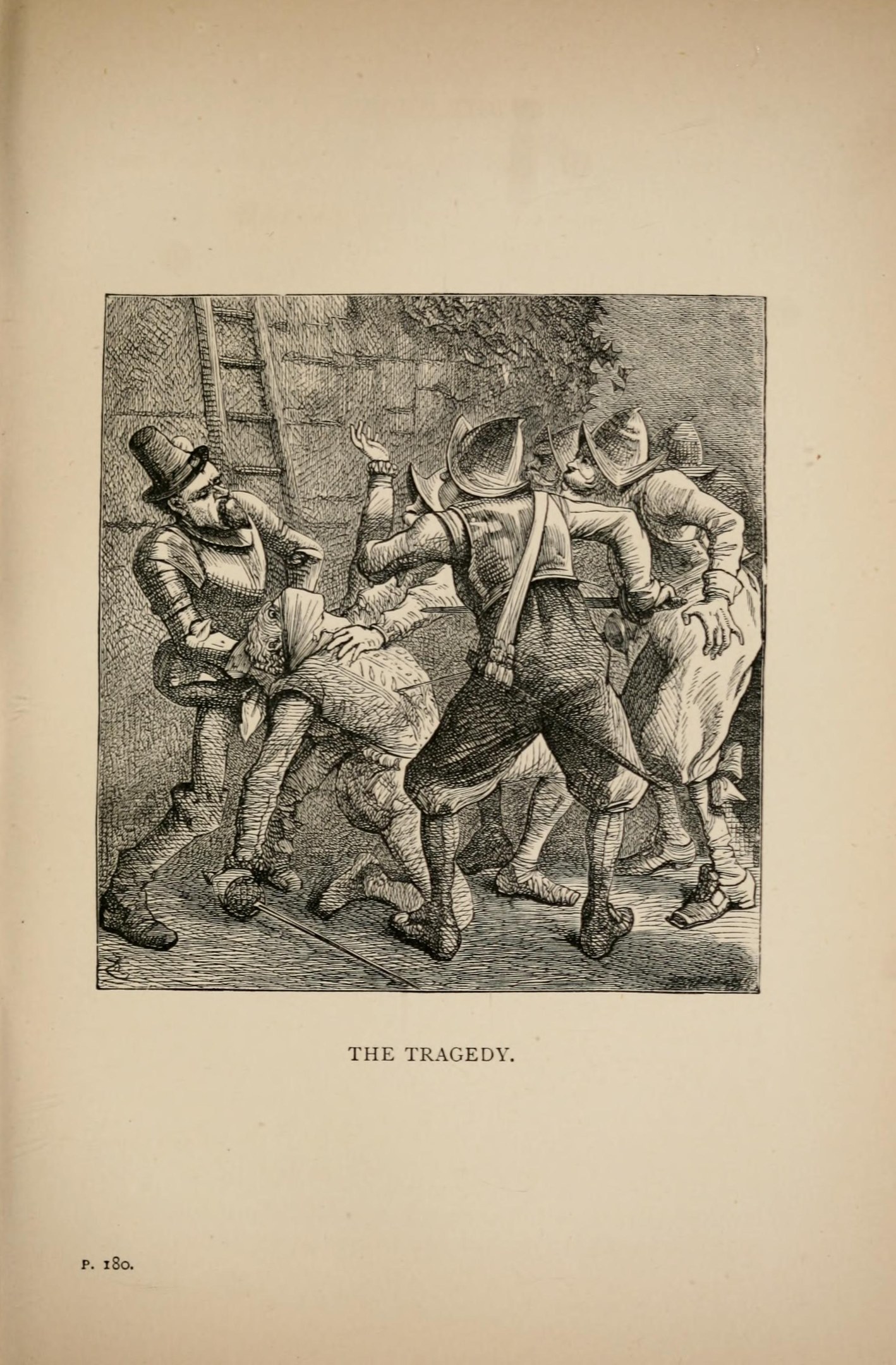 Offenes Buch mit einer Skizze von verzweifelten Menschen, Titel "Die Tragödie" unten.