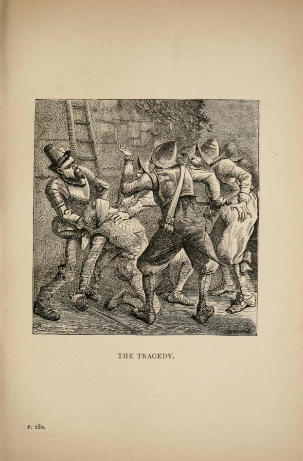 Offenes Buch mit einer Skizze von verzweifelten Menschen, Titel "Die Tragödie" unten.