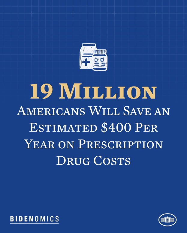 Blauer Hintergrund mit weißer Schrift und einem Logo, das "19 Millionen Amerikaner werden geschätzt jährlich 400 USD an Arzneikosten sparen".