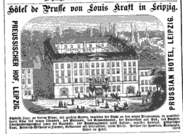 Schwarz-weiß-Anzeige für ein Leipziger Hotel, das sein Gebäude, umgebende Bäume und Menschen zeigt, mit beschreibendem Text.