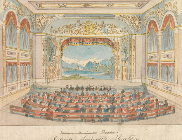 Eine Zeichnung eines Theaterauditoriums mit sitzenden Menschen, detaillierten Wandgestaltungen, einer beleuchteten Decke und dekorativem Text am unteren Rand.