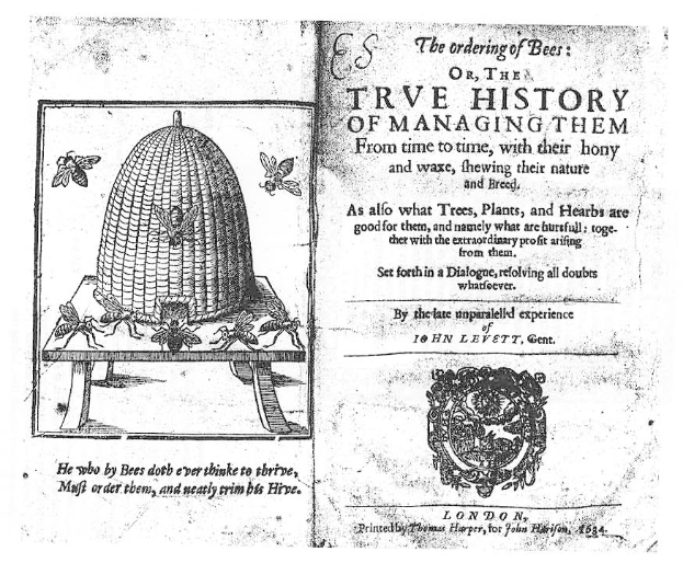 Altes Buch mit dem Titel 'Die Ordnung der Bienen oder die wahre Geschichte ihrer Haltung' mit einer Illustration eines Bienenstocks und umgeben von Insekten.