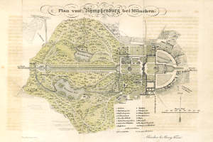 Ein altes Stadtplan von München, Deutschland, mit einem detaillierten Plan eines Parks und begleitendem Text, der die Anlage des Parks beschreibt.