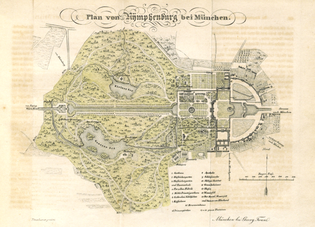 Ein altes Stadtplan von München, Deutschland, mit einem detaillierten Plan eines Parks und begleitendem Text, der die Anlage des Parks beschreibt.