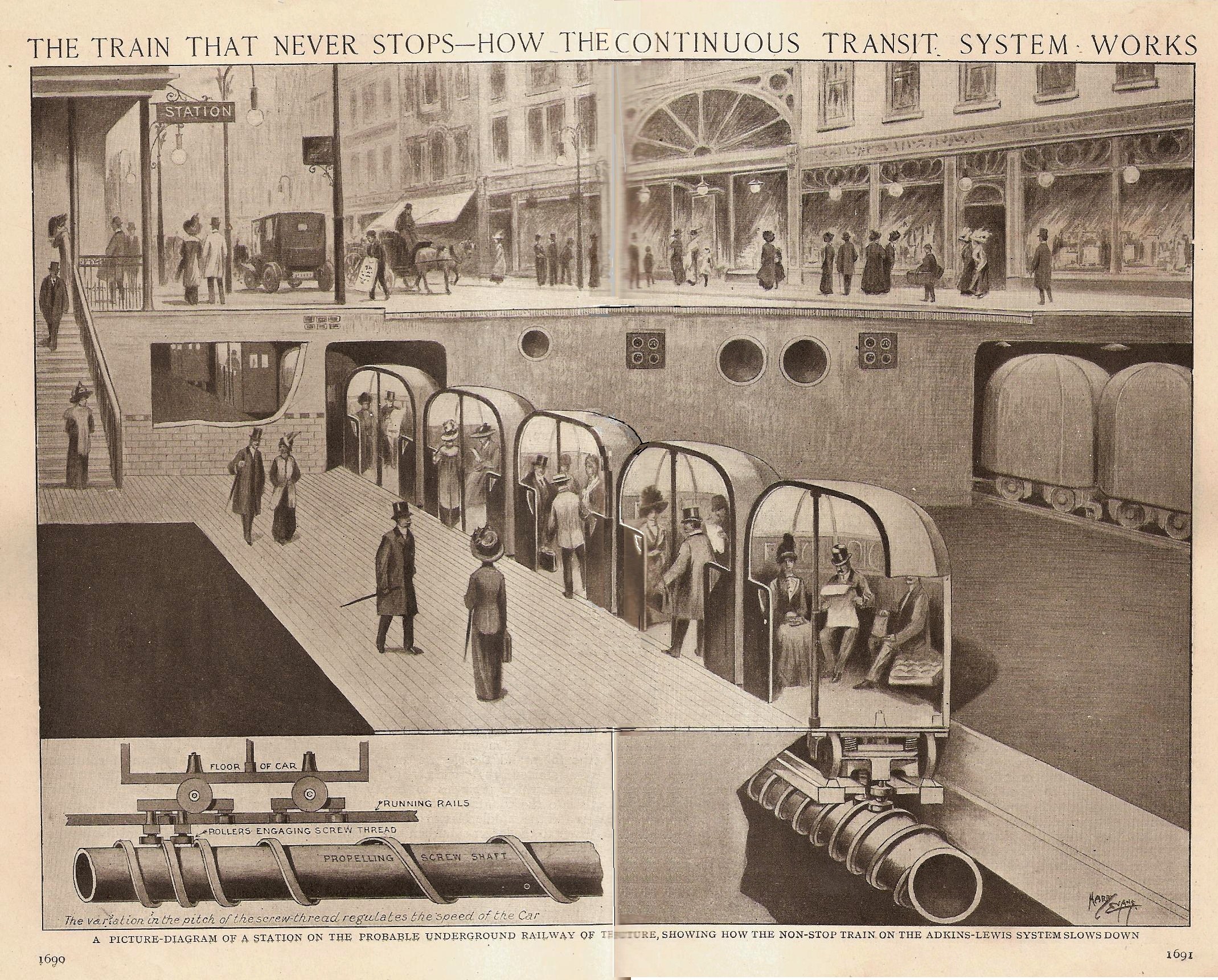 Ein Bild mit Menschen, Zügen und anderen Objekten sowie einem Text mit der Überschrift "Der Zug, der nie hält - wie das kontinuierliche Transportsystem funktioniert".