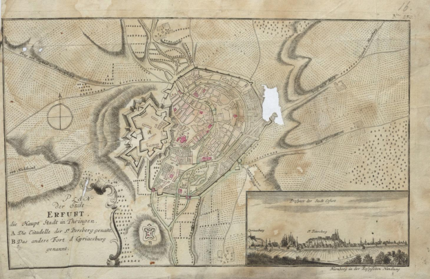 Ausführliche alte Karte von Erfurt, Deutschland, die Straßen, Gebäude und Sehenswürdigkeiten zeigt, mit begleitendem Text und Illustrationen.