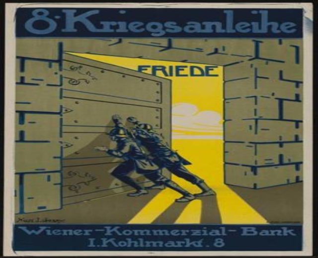 Plakat für die 8. Kriegsanleihe Friede Bank, das zwei Personen vor einer Wand mit deutschem Text zeigt.