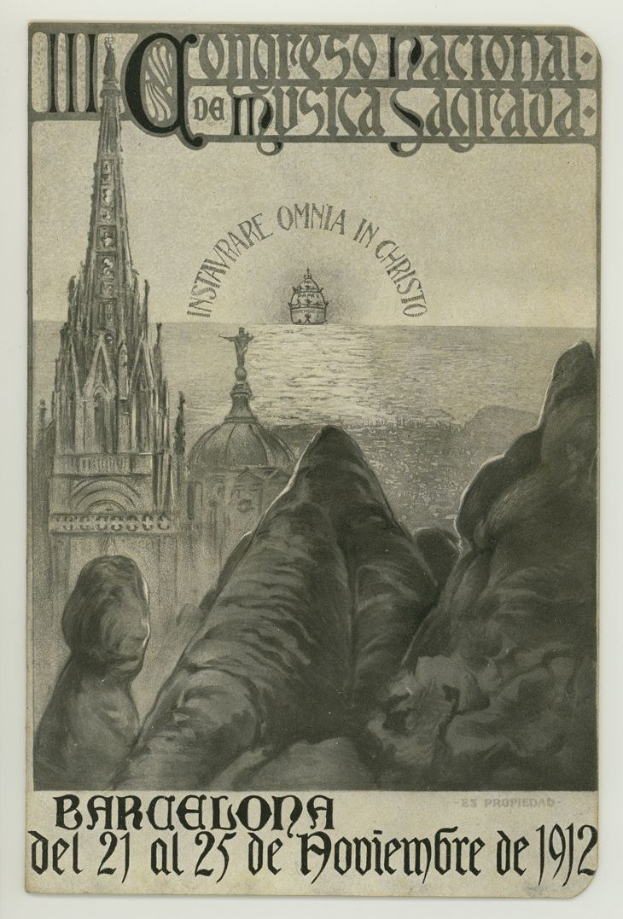 Plakat für ein 1912er Barcelona-Konzert mit einem Gebäude, einer Statue und einem Gewässer mit Text.