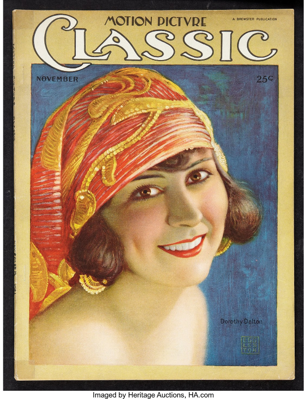 Eine Frau mit roter Turban lächelt strahlend auf dem Cover des Magazins 'Motion Picture Classic'.